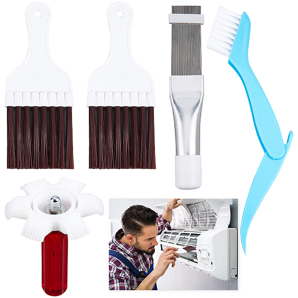 PandaHall CRASPIRE Cleaning Brush Kit 6pcs Air Conditioner Condenser Brush, Air Conditioner Fin Cleaner Set with Fin Comb and Folding...