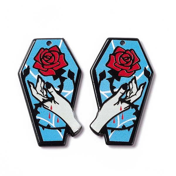 

PandaHall Printed Acrylic Pendants, for Halloween, Coffin with Vampire Hand Charm, Rose Pattern, 41.5x24x2mm, Hole: 2mm Acrylic Flower