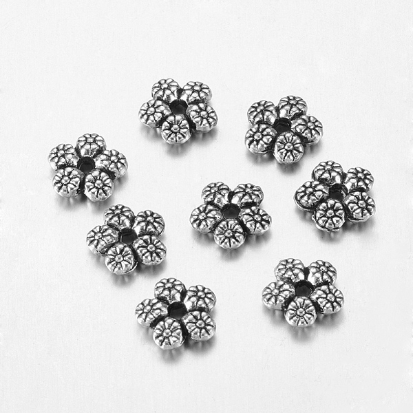 

PandaHall Tibetan Style Alloy Spacer Beads, Flower, Antique Silver, Lead Free & Cadmium Free & Nickel Free, 7x7x2mm, Hole: 1mm Alloy Flower
