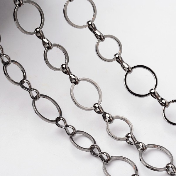 

PandaHall Brass Handmade Chains, Unwelded, with Spool, Gunmetal, about 8 and 10mm in diameter, 1mm thick, about 32.8 Feet(10m)/roll Brass