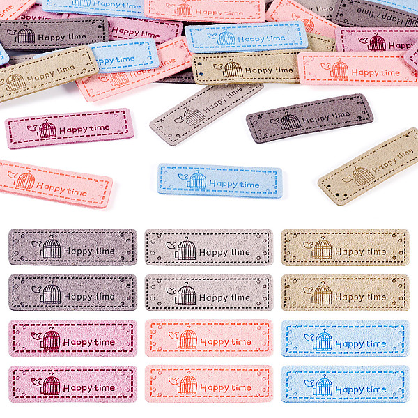 42Pcs 6 Colors Microfiber Label Tags, with Holes & Word Happy Time, for DIY Jeans, Bags, Shoes, Hat Accessories, Mixed Color, 50x15x1.5mm, Hole: 1.4mm, 7pcs/color