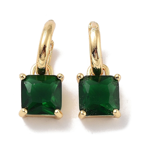 

PandaHall Real 18K Gold Plated Brass Rectangle Dangle Hoop Earrings, with Square Glass, Dark Green, 20.5x9mm Brass Square