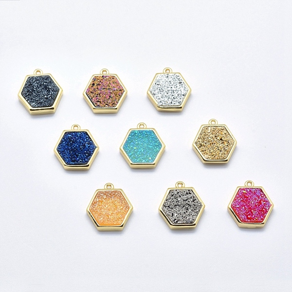 

PandaHall Druzy Resin Charms, with Golden Tone Brass Findings, Hexagon, Mixed Color, 14.5x14x4mm, Hole: 1mm Brass+Resin Hexagon Multicolor