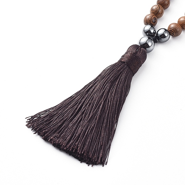 

PandaHall Polyester Tassel Pendant Necklaces, with Wood Beads and Non-magnetic Synthetic Hematite Beads, Coconut Brown, 31.50 inch(80cm)...