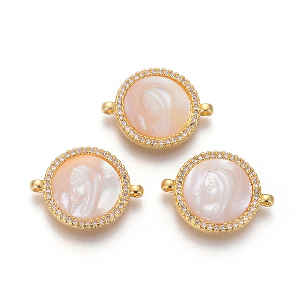 

PandaHall Brass Micro Pave Cubic Zirconia Links connectors, with Shell, Flat Round with Virgin Mary, Clear, Golden, 15x20x3mm, Hole: 1.2mm...