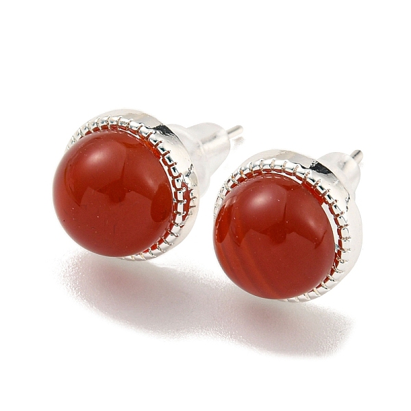 

PandaHall Natural Agate Stud Earrings, Brass Findingds for Women, Round, 10mm Natural Agate Round Red