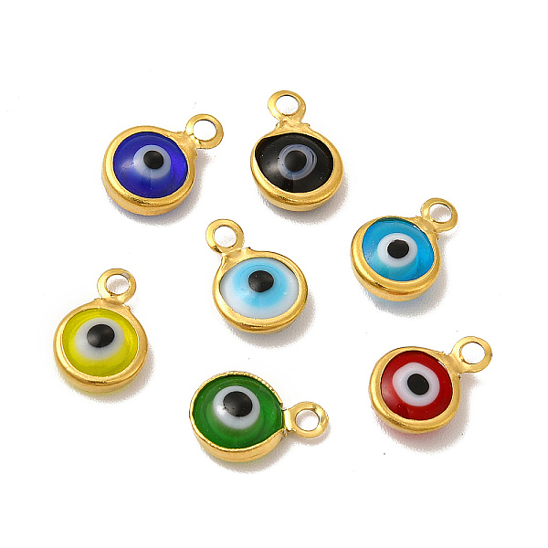 

PandaHall Ion Plating(IP) 304 Stainless Steel with Glass Enamel Charms, Real 18K Gold Plated, Flat Round with Evil Eye Pattern, Mixed Color..., Multicolor