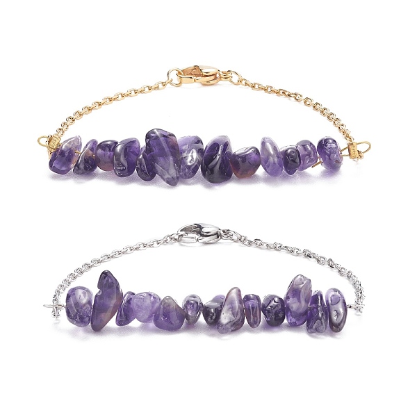 

PandaHall 2Pcs 2 Color Natural Amethyst Chip Beaded Link Bracelets Set with 304 Stainless Steel Cable Chains, Gemstone Jewelry for Women...