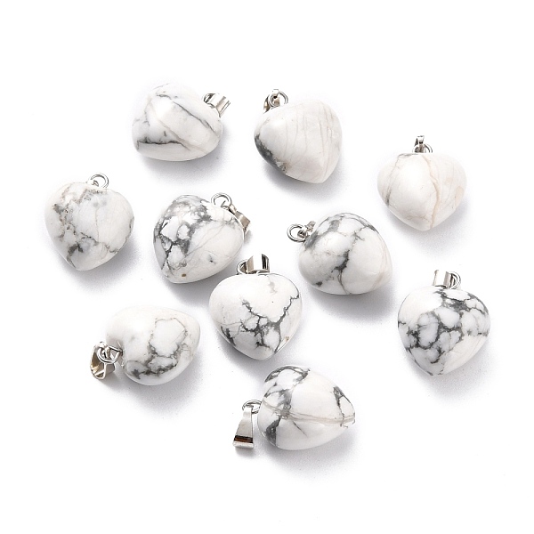 

PandaHall Natural Howlite Pendants, with Platinum Brass Loops, Heart, 18~19x15~15.5x6~8mm, Hole: 6x2.5~3mm Howlite Heart