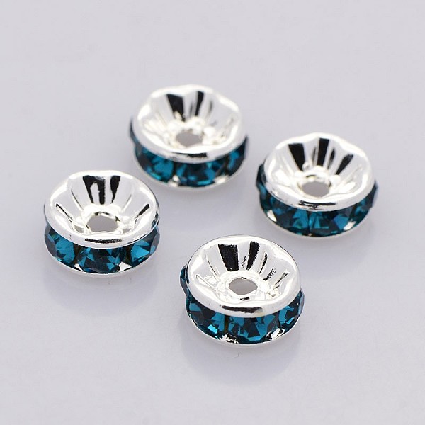 

PandaHall Brass Rhinestone Spacer Beads, Grade AAA, Straight Flange, Nickel Free, Silver Color Plated, Rondelle, Blue Zircon, 4x2mm, Hole..., Cyan