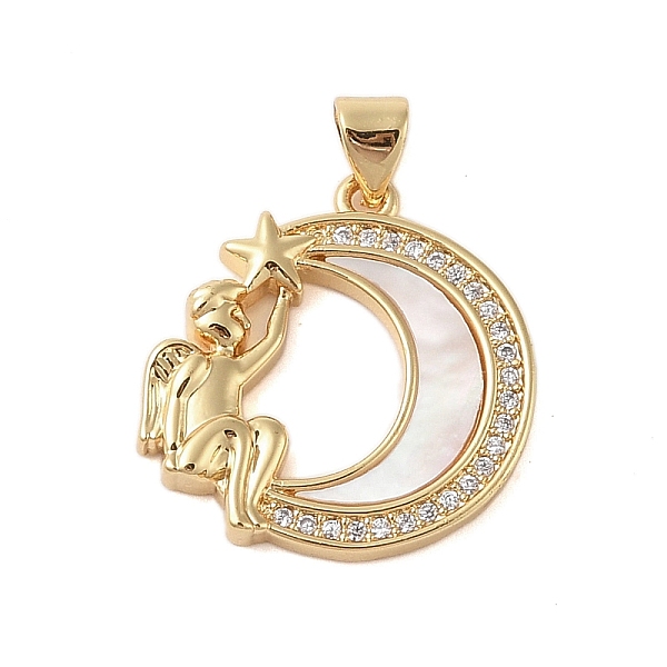 

PandaHall Brass Micro Pave Clear Cubic Zirconia Pendant, with Shell, Moon, Real 18K Gold Plated, Angel & Fairy, 22.5x21.5x3.5mm, Hole...