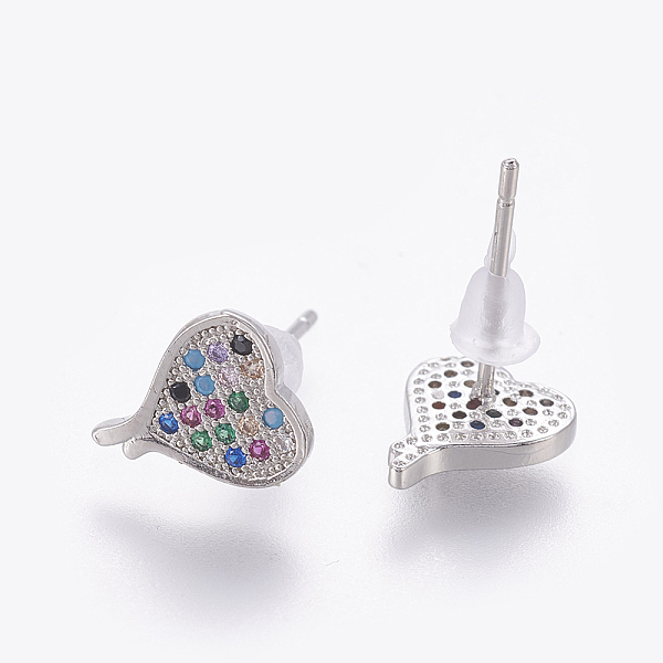 

PandaHall Brass Cubic Zirconia Stud Earrings, Heart, Colorful, Platinum, 10x8x1.5mm, Pim: 0.8mm Cubic Zirconia