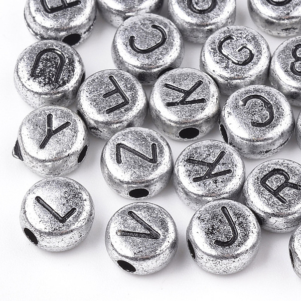 

PandaHall Acrylic Beads, Horizontal Hole, Mixed Letter, Flat Round, Silver, 7x4mm, Hole: 1mm Acrylic Flat Round Silver