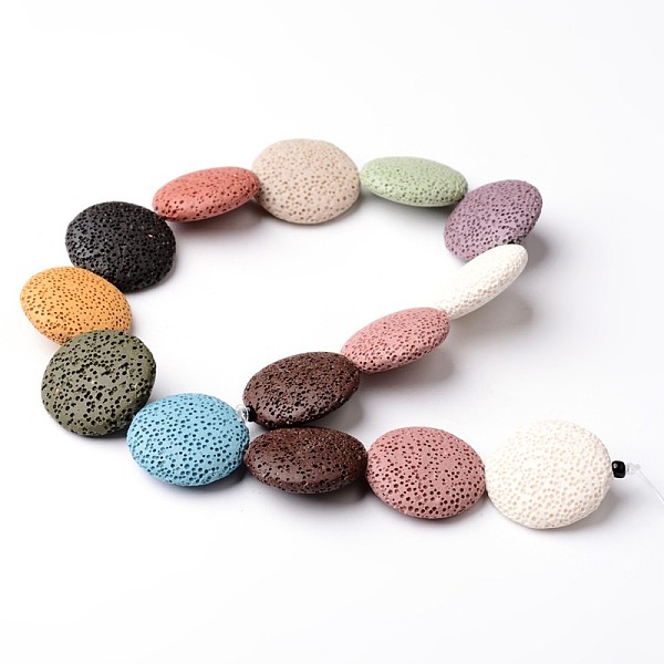 

PandaHall Natural Lava Rock Bead Strands, Flat Round, Dyed, Mixed Color, 25~27x7~8mm, Hole: 1mm, about 14pcs/strand, 14.5 inch Lava Rock..., Multicolor