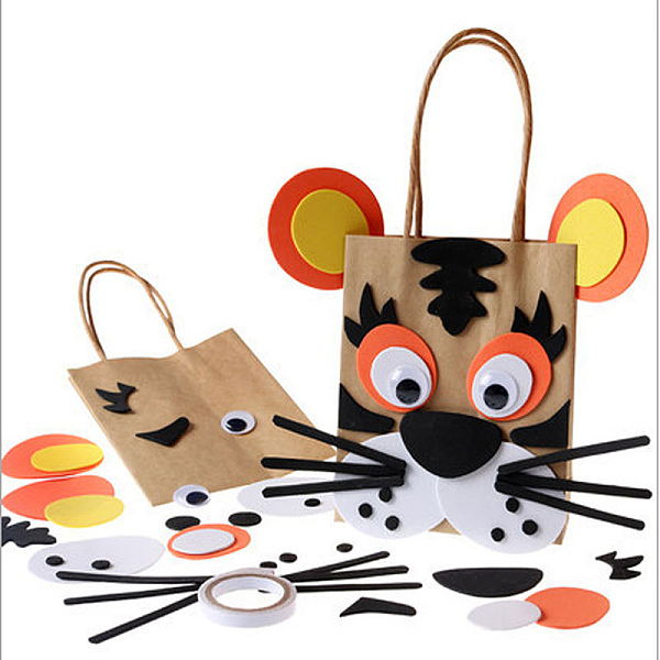 

PandaHall DIY Rectangle with Tiger Pattern Kraft Paper Bag Making Set, Including Paper Bag, Non Woven Fabrics Stickers, Eyes Cabochons..., Multicolor