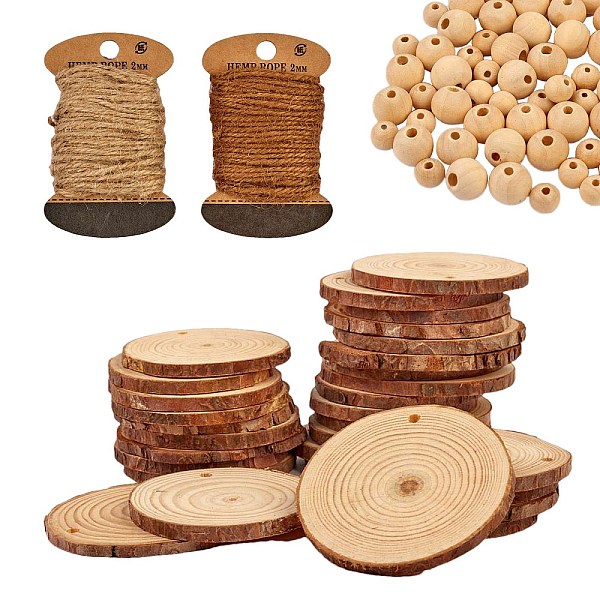 PandaHall DIY Home Decorations, Including Wood Piece & Beads, Jute Cord, Mixed Color, 60x5mm, Hole: 4mm, 30pcs Wood Flat Round Multicolor