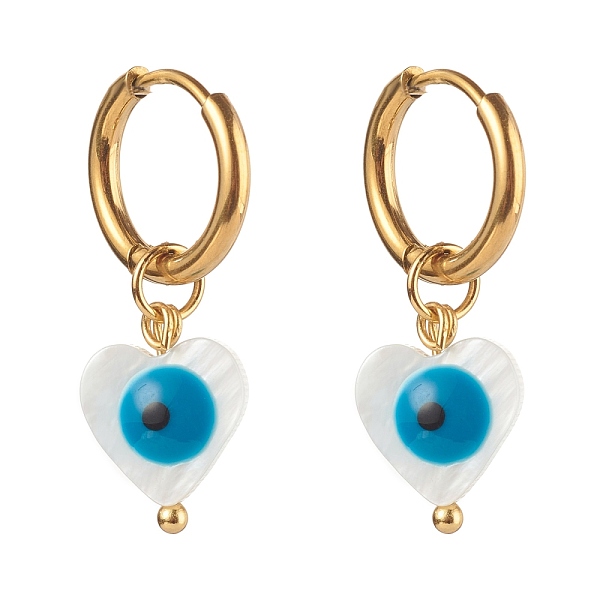 

PandaHall 304 Stainless Steel Huggie Hoop Earrings, with Natural Shell Beads, Heart with Evil Eye, Dodger Blue, Golden, 27mm, Pin: 1mm Shell...