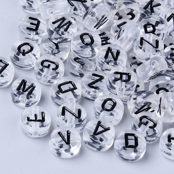 

PandaHall Transparent Acrylic Beads, Horizontal Hole, Flat Round with Random Letters, Clear, 7x3.5mm, Hole: 1.8mm, about 3600~3700pcs/500g...