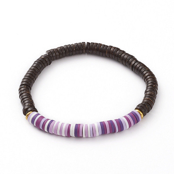 

PandaHall Polymer Clay Heishi Beads Stretch Bracelets, with Natural Coconut Beads and Golden Plated Brass Beads, Disc/Flat Round, Purple...