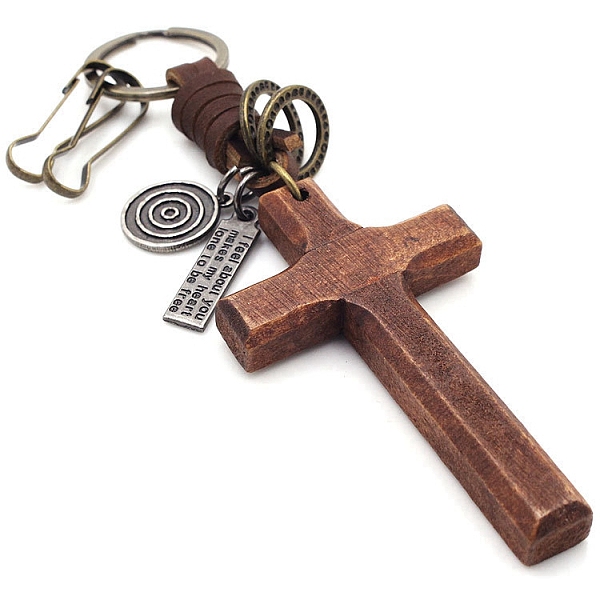 

PandaHall Wood Cross Pendant Keychain, with Alloy Findings and Cowhide, Saddle Brown, 16cm Wood Cross