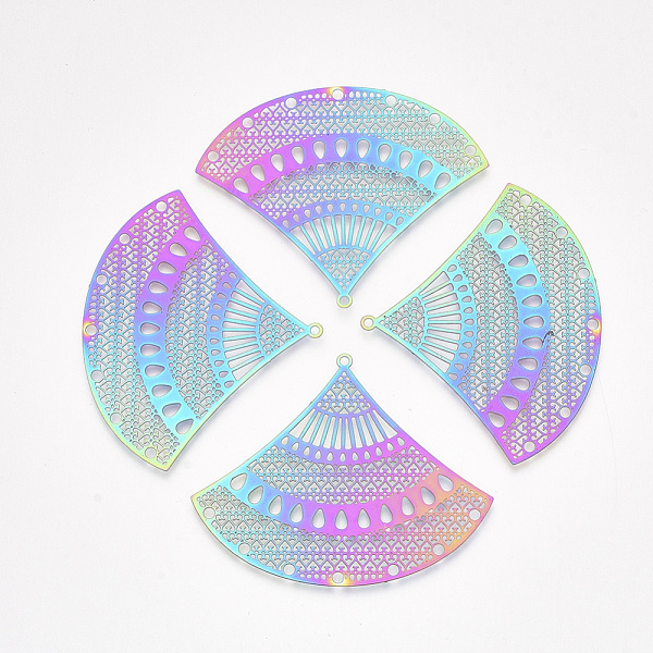 

PandaHall Ion Plating(IP) 201 Stainless Steel Chandelier Components Links, Etched Metal Embellishments, Fan Shape, Rainbow Color...