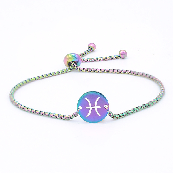 

PandaHall Adjustable 201 Stainless Steel Slider Bracelets, Bolo Bracelets, with Box Chains, Flat Round with Constellation/Zodiac Sign...
