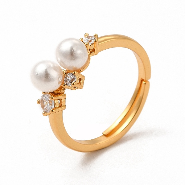 

PandaHall Shell Pearl Beaded Adjustable Ring with Clear Cubic Zirconia, Rack Plating Brass Jewelry for Women, Cadmium Free & Lead Free, Real..., White