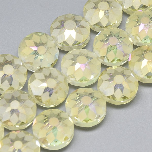 

PandaHall Electroplate Glass Beads Strands, Frosted, Rainbow Plated, Faceted, Flat Round, Champagne Yellow, 12x8~9mm, Hole: 1mm, about...