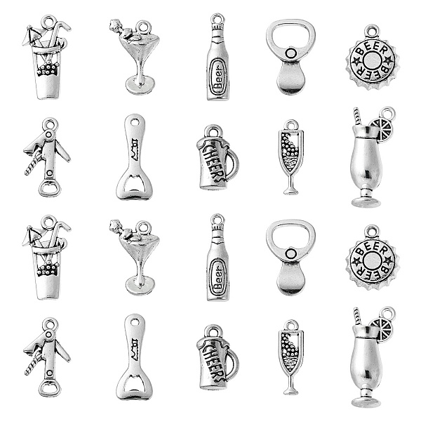 

PandaHall 50Pcs 10 Styles Tibetan Style Alloy Pendants, Pull-Tab, Antique Silver, 11~27x6~15mm, 5pcs/style Alloy Bottle