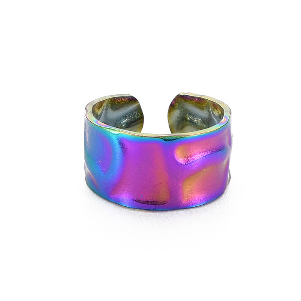 

PandaHall Rainbow Color 304 Stainless Steel Hammered Cuff Ring, Wide Band Open Ring for Women, US Size 7(17.3mm) 304 Stainless Steel