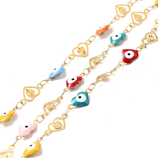 PandaHall Ion Plating(IP) Stainless Steel Heart Link Chains with Colorful Enamel Evil Eye, Soldered, with Spool, Golden, 12x6x2mm...