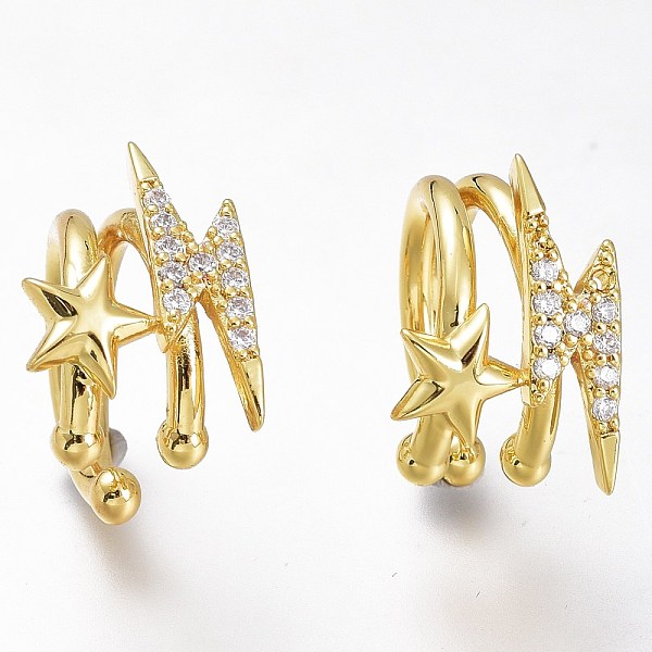 

PandaHall Brass Micro Pave Clear Cubic Zirconia Cuff Earrings, Long-Lasting Plated, Star & Lightning Bolt, Golden, 16.5x11x16mm Brass Clear
