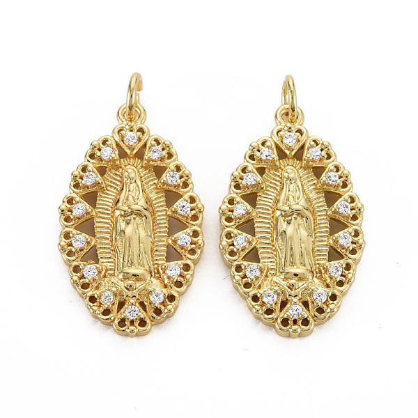 

PandaHall Brass Micro Pave Cubic Zirconia Pendants, with Jump Rings, Nickel Free, Oval with Virgin, Real 16K Gold Plated, 26x15x3mm, Jump..., Clear