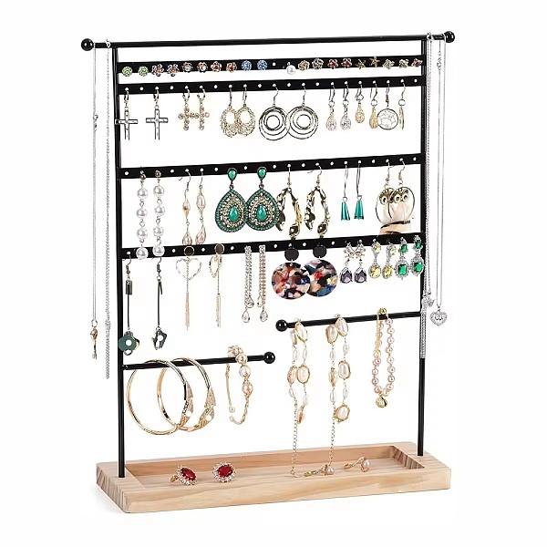 

PandaHall Iron Jewelry Display Stand with Wood Tray, Desktop Jewelry Organizer Holder for Earring Rings Bracelets Storage, Black...