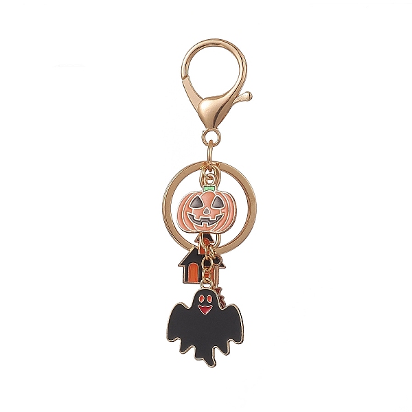 

PandaHall Halloween Theme Alloy Enamel Keychains, with Iron Keychain Clasp Findings, Pumpkin & Ghost & Haunted House, Golden, 10.3cm Alloy