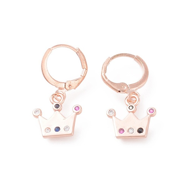 

PandaHall Brass Micro Pave Cubic Zirconia Dangle Hoop Earrings, Crown, Colorful, Rose Gold, 26mm, Pin: 0.9mm Cubic Zirconia