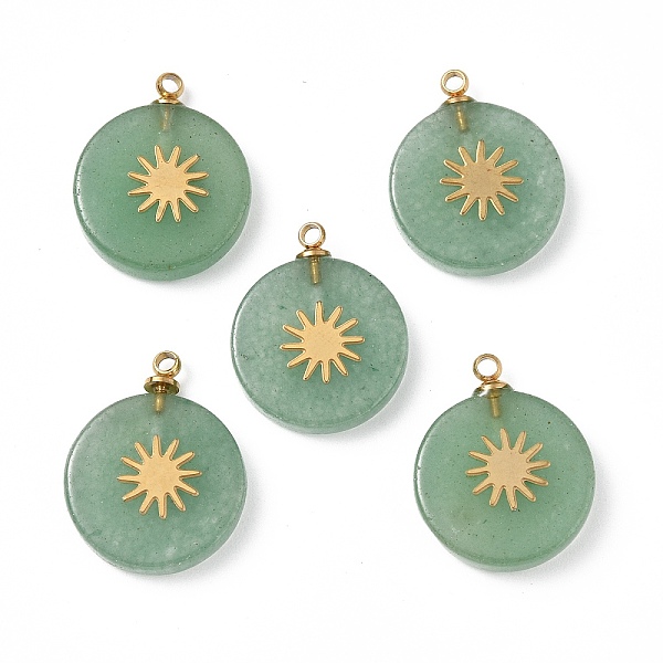 

PandaHall Natural Green Aventurine Pendants, Flat Round with Vacuum Plating 201 Stainless Steel Sun Pattern, Real 18K Gold Plated...