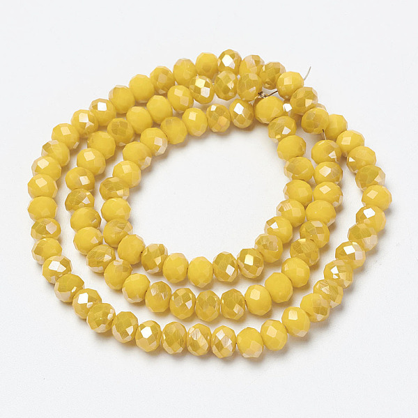 

PandaHall Electroplate Opaque Glass Beads Strands, Half Rainbow Plated, Faceted, Rondelle, Gold, 4x3mm, Hole: 0.4mm, about 123~127pcs/strand...