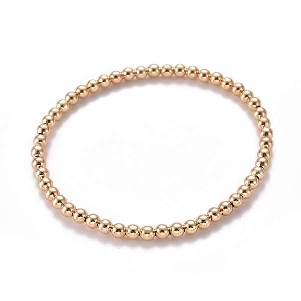 PandaHall Brass Stretch Beaded Bracelets, Round, Real 18K Gold Plated, Inner Diameter: 2-1/4 inch(5.8cm), Bead: 4mm Brass