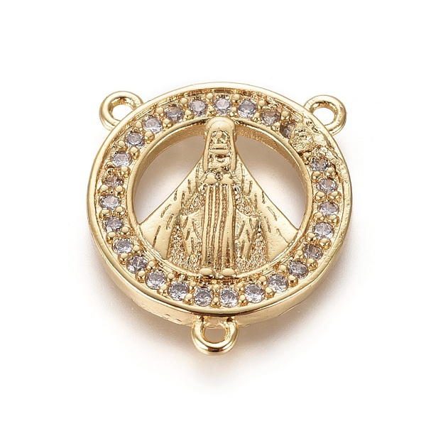 

PandaHall Brass Cubic Zirconia Chandelier Component Links, 3 Loop Connectors, Religion, Flat Round with Saint, Clear, Golden, 19.5x17x2mm...