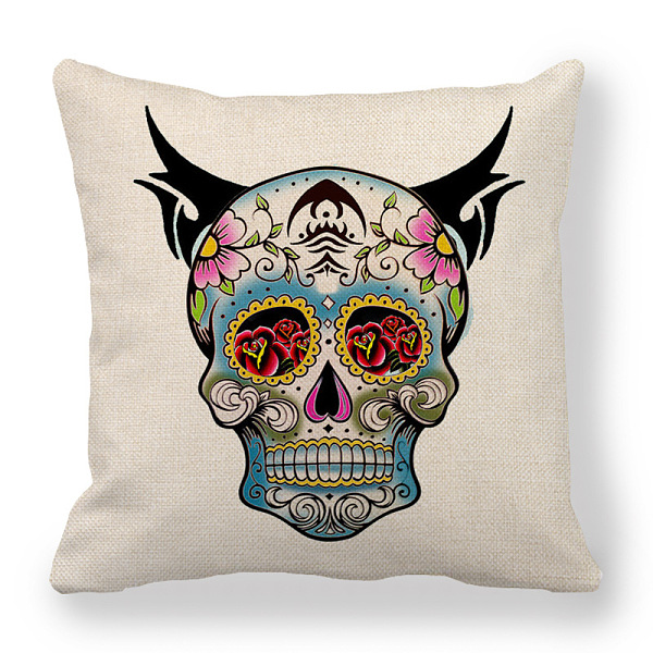 PandaHall Flax Pillow Covers, Bohemian Style Sugar Skull Pattern Cushion Cover, for Couch Sofa Bed, Square, Rose Pattern, 450x450mm Linen...