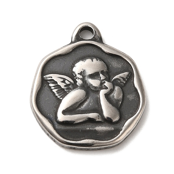 

PandaHall 304 Stainless Steel Pendants, Flat Round with Angel Charms, Antique Silver, 21x18x2.5mm, Hole: 2mm 304 Stainless Steel Flat Round
