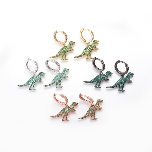 

PandaHall Brass Cubic Zirconia Hoop Earrings, Dangle Earrings, Dinosaur, Green, Mixed Color, 31mm, Pendant: 18x24x2.5mm, Pin: 1mm Cubic...
