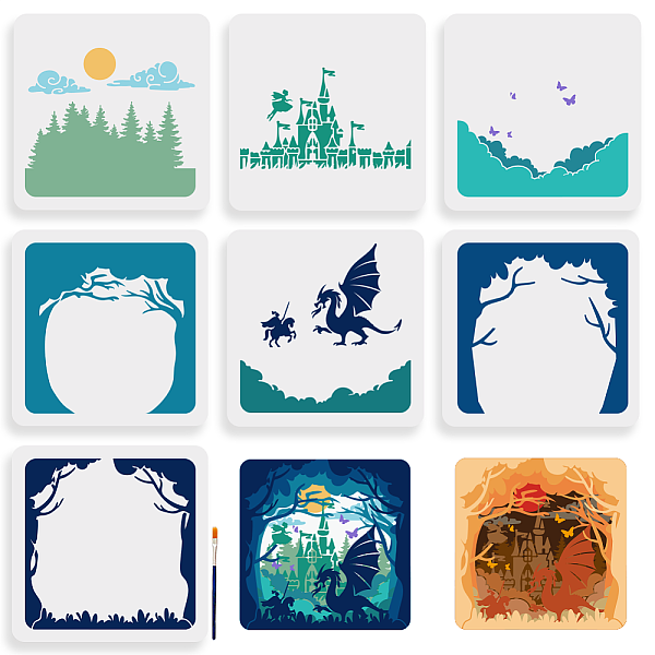 

PandaHall 7pcs Layered Dragon Castle Stencil 11.8×11.8inch Large Dragon Fairy Tale Stencil with Paint Brush Dreamy Fairy Forest Animal...