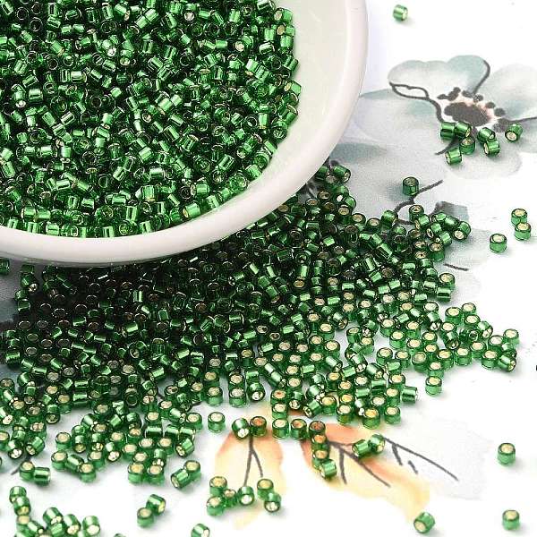 

PandaHall Glass Seed Beads, Silver Lined, Cylinder, Sea Green, 2x1.5mm, Hole: 1.4mm, about 5599pcs/50g Glass
