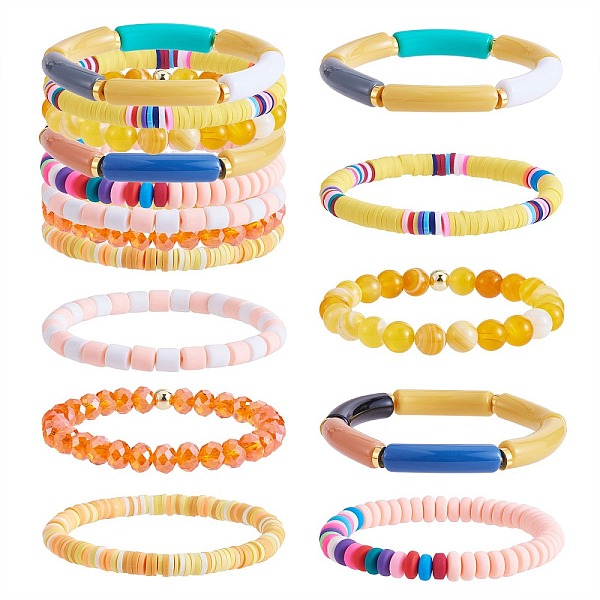 

PandaHall 8Pcs 6 Style Synthetic Imperial Jasper & Glass Beaded Stretch Bracelets Set, Polymer Clay Heishi Surfer Bracelets, Acrylic Curved..., Yellow
