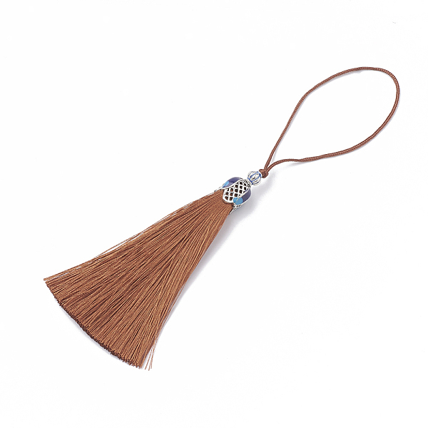 

PandaHall Nylon Tassel Big Pendant Decorations, with Enamel and Alloy Findings, Platinum, Chocolate, 80~84x10.5~11mm Nylon Brown