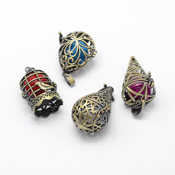 

PandaHall Rack Plating Brass Cage Pendants, Chime Ball Pendants, with Brass Bell Beads, Lead Free & Cadmium Free, Mixed Shpes, Brushed..., Multicolor