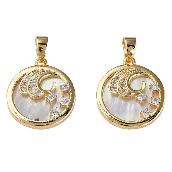 

PandaHall Brass Micro Pave Cubic Zirconia Pendants, with Natural Shell, Real 18K Gold Plated, Nickel Free, Flat Round, Creamy White..., Clear