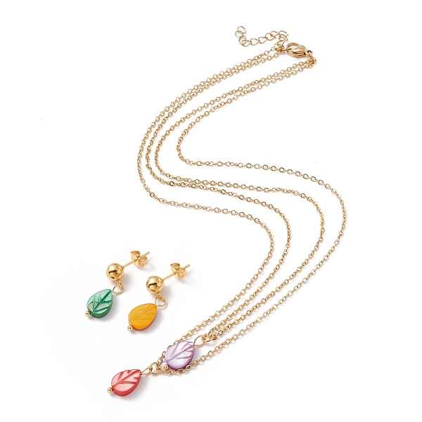 

PandaHall Synthetic Shell Leaf Pendant Double Layer Necklaces and Dangle Stud Earrings, Gold Plated 304 Stainless Steel Jewelry Sets for...